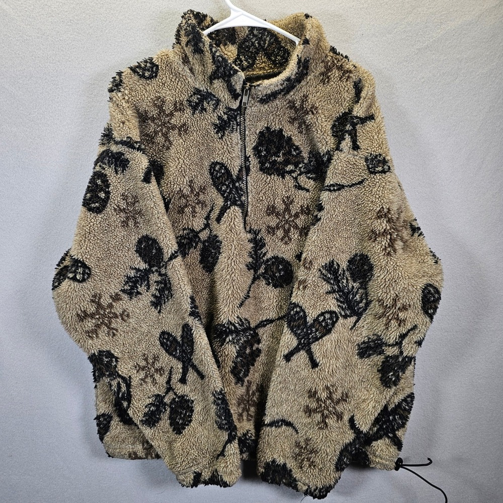 Dutch Harbor‎ Gear Fleece 1/4 Zip Pullover Jacket Tan Black Nature Print Mens XL